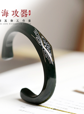 饕餮纹回纹男女士腕镯青玉金银错