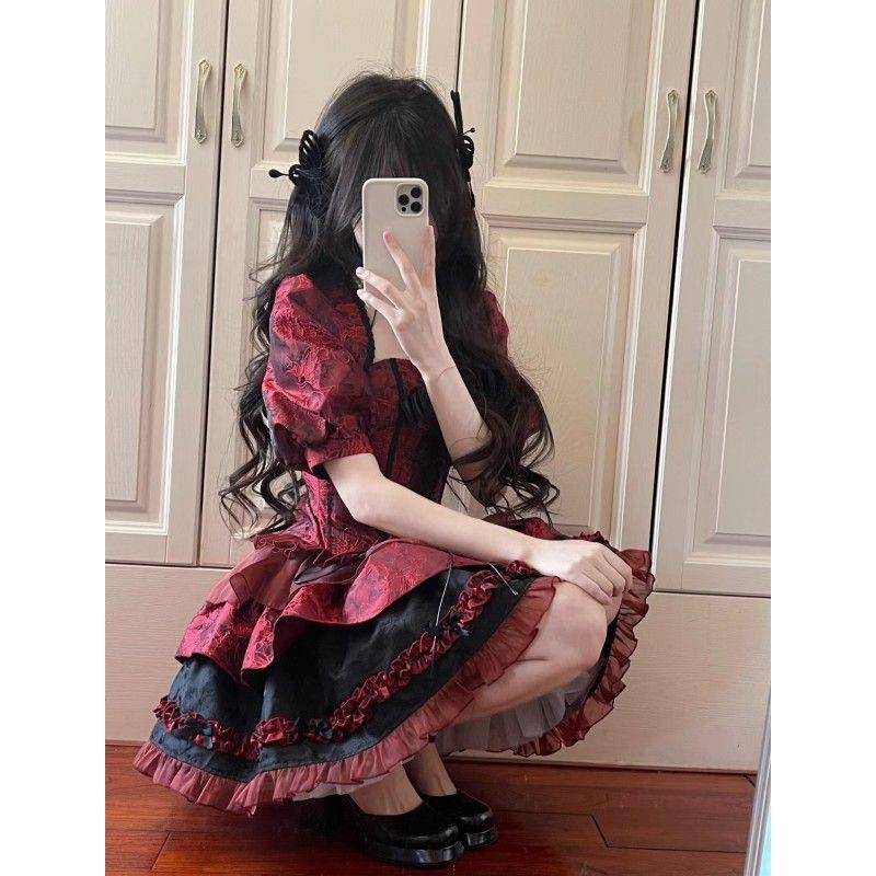 暗黑系列lolita公主蓬蓬裙套装夏季泡泡袖短款外套抹胸萝莉蛋糕裙
