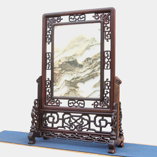 大红酸枝嵌大理石插屏交趾黄檀红木台屏客厅书房桌面屏风装饰摆件