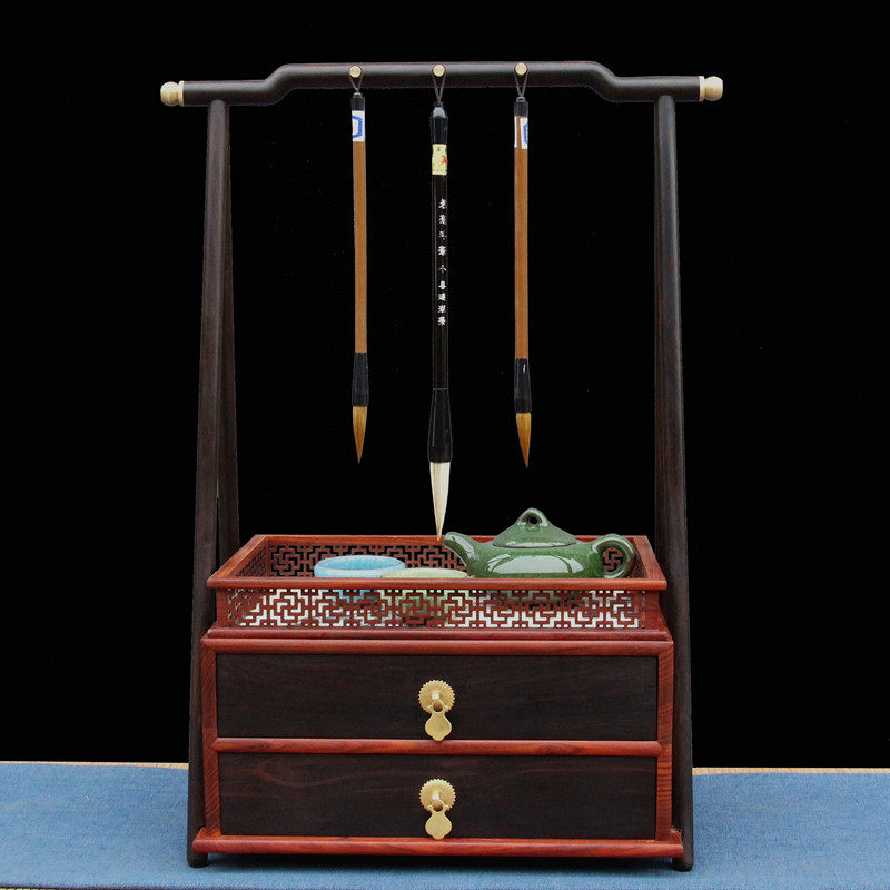 实木红木毛笔挂笔架紫光檀带抽屉新中式毛笔架子文房四宝收纳摆件