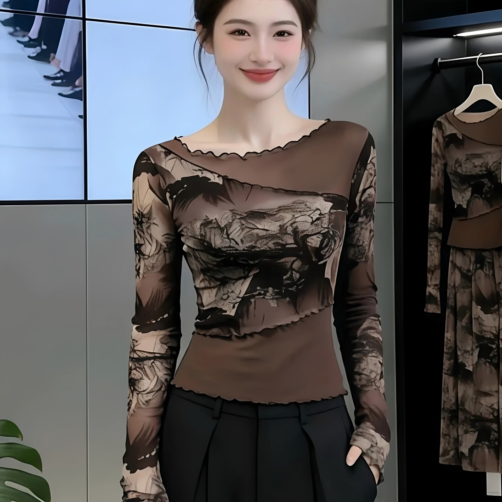 新中式国风印花网纱水墨画打底衫女春款长袖薄纱t恤舞蹈纱衣上衣