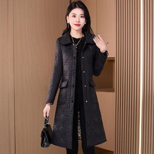 菱格中长款黑色棉衣棉袄女冬装2024新款修身保暖冬天羽绒棉服外套