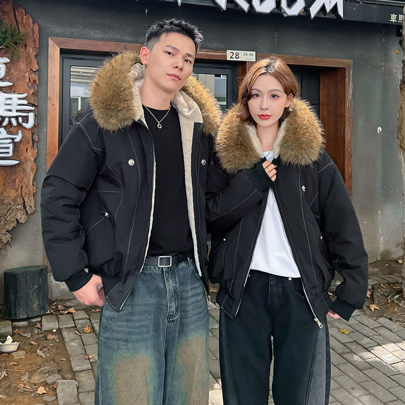 美式复古座山雕派克棉服设计感外套男女冬季毛领连帽短款加厚棉衣