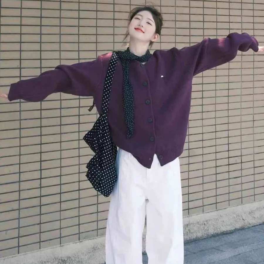 BESOBER 超显白紫色毛衣开衫外套女秋季休闲宽松针织开衫上衣