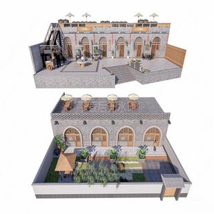 草图大师 SU模型 陕北乡村景观中式窑洞民宿北方窑洞灰砖窑洞平顶