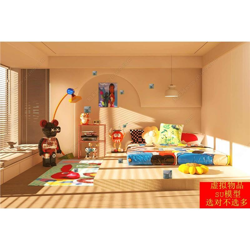 草图大师SU模型孟菲斯儿童房多巴胺儿童房装置摆件吊灯挂画摆件