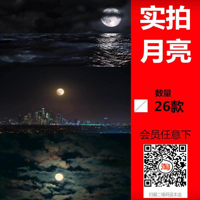 晚上月亮夜里月光枝头月亮海面上城市白天月影高清实拍视频素材