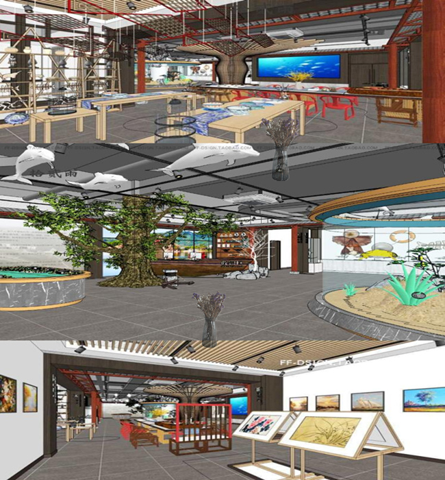 SU夜钓场鱼展厅鱼博物馆室内钓鱼渔具展览鱼主题化石草图大师模型