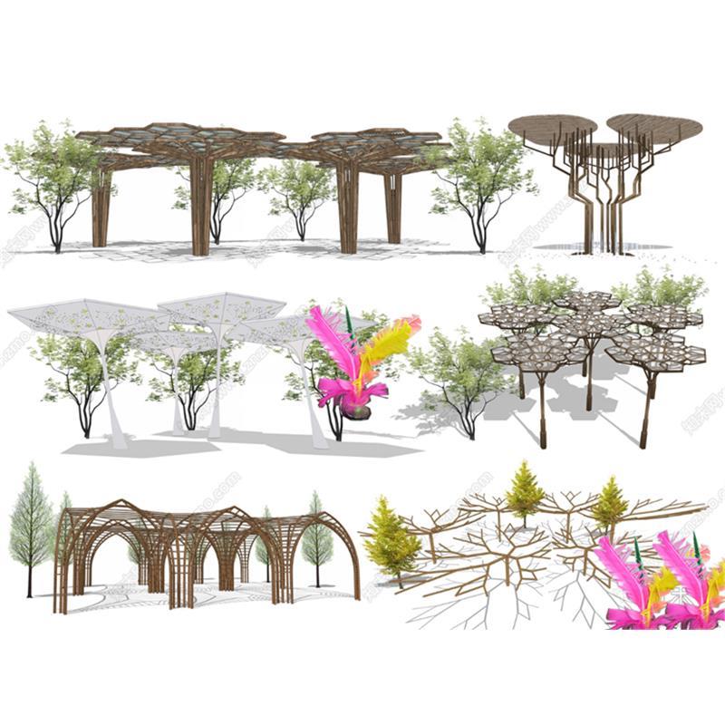 草图大师1673 现代廊架 景观构筑物 亭廊 异形亭子艺术廊架SU模型