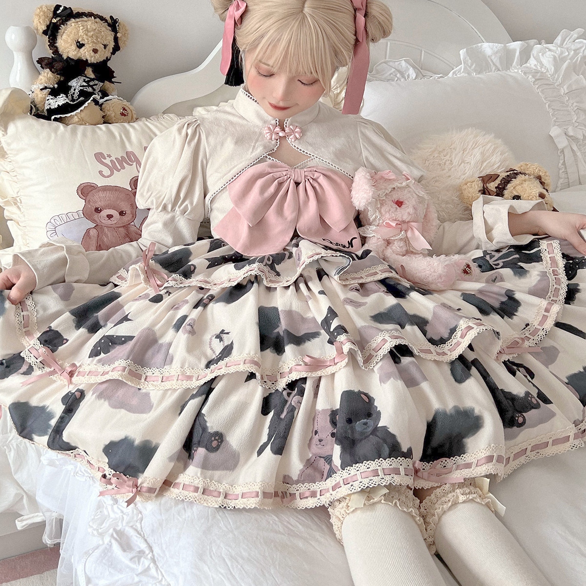 波比熊现货 jsk三段式连衣裙洛丽塔可爱黑粉印花 lolita正版
