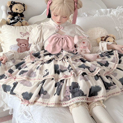 波比熊现货 jsk三段式连衣裙洛丽塔可爱黑粉印花 lolita正版