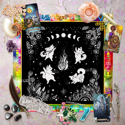 星河月相俏皮猫仪式布花火元素塔罗牌桌布绒布推牌布水晶阵祭坛布