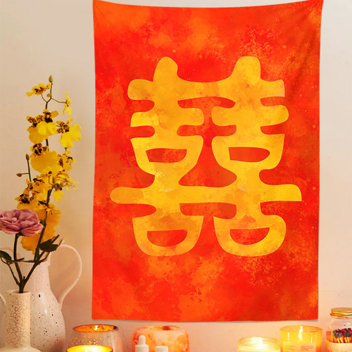 新中式喜字挂布网红直播背景布婚庆主题装饰墙布结婚拍照竖版挂毯