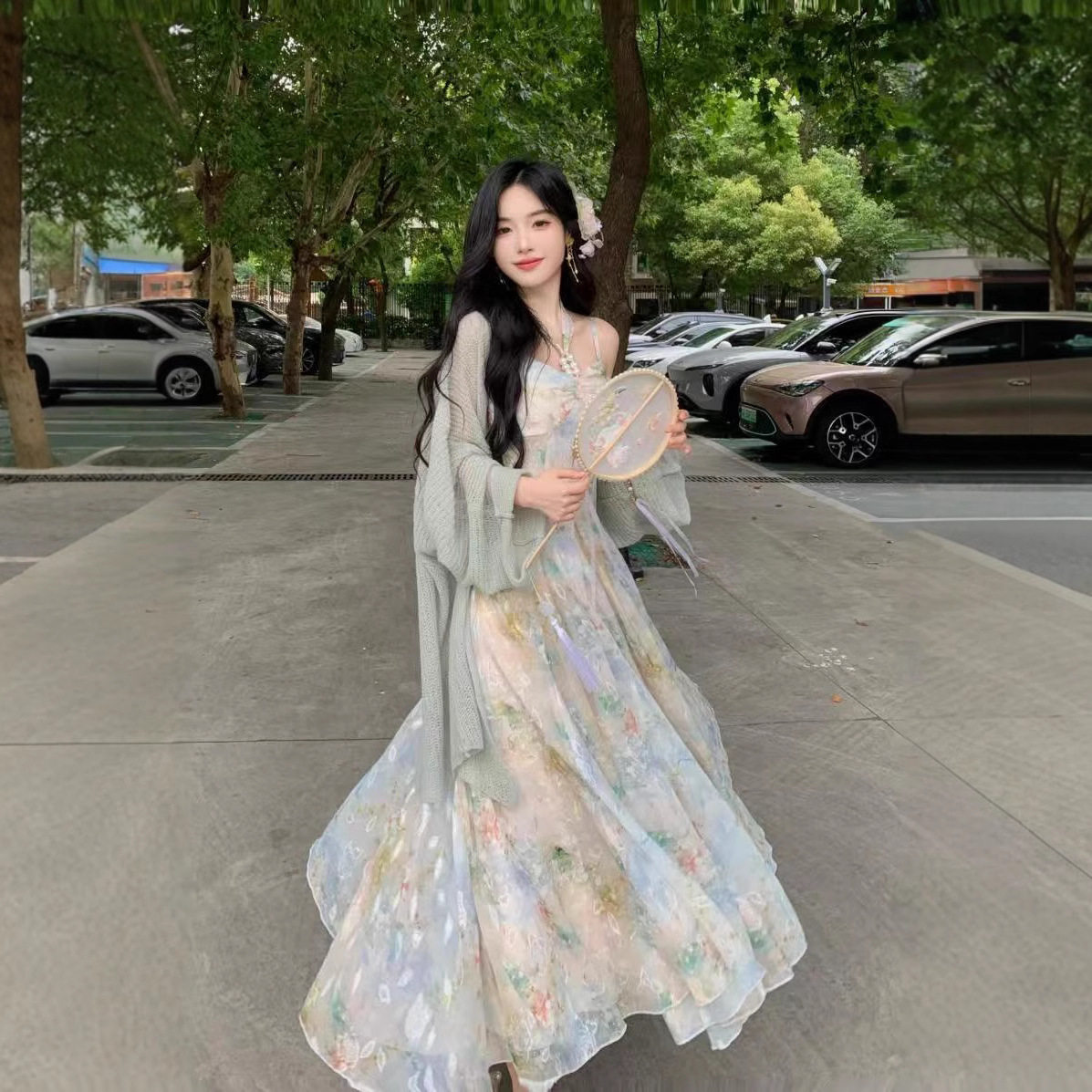 春夏新款超仙绝美碎花挂脖吊带裙开衫披肩仙气飘飘长裙大码女装