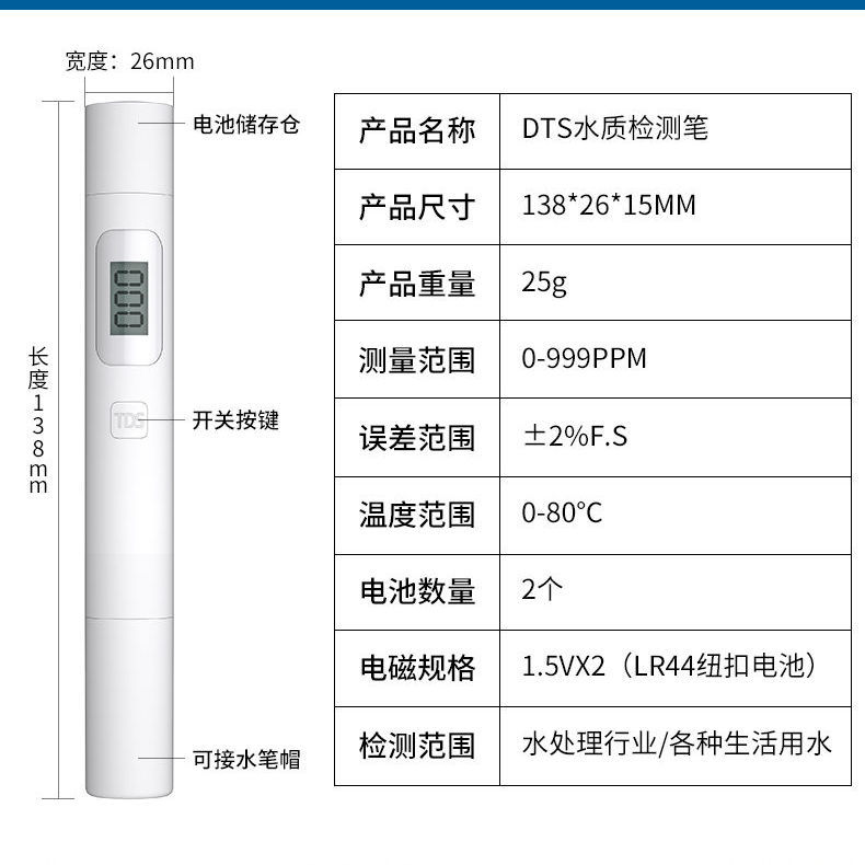 石斑鱼净水器TDS水质检测笔高精度水质检测仪器家用测试笔测水仪