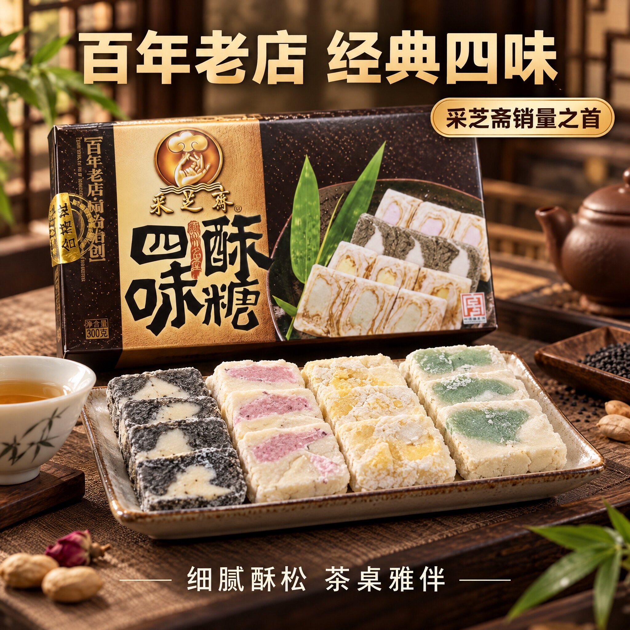 苏州采芝斋盒装300g四味酥糖(芝麻玫瑰花生薄荷)苏式糕点休闲点心