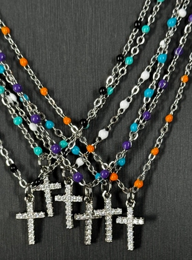 Vintage不掉色滴油细链满钻十字吊坠项链男女项链锁骨链情侣礼物