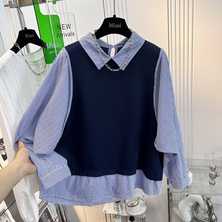 玖月夏装新款条纹长袖拼接假两件衬衫上衣爆款时尚洋气欧货衬衣女