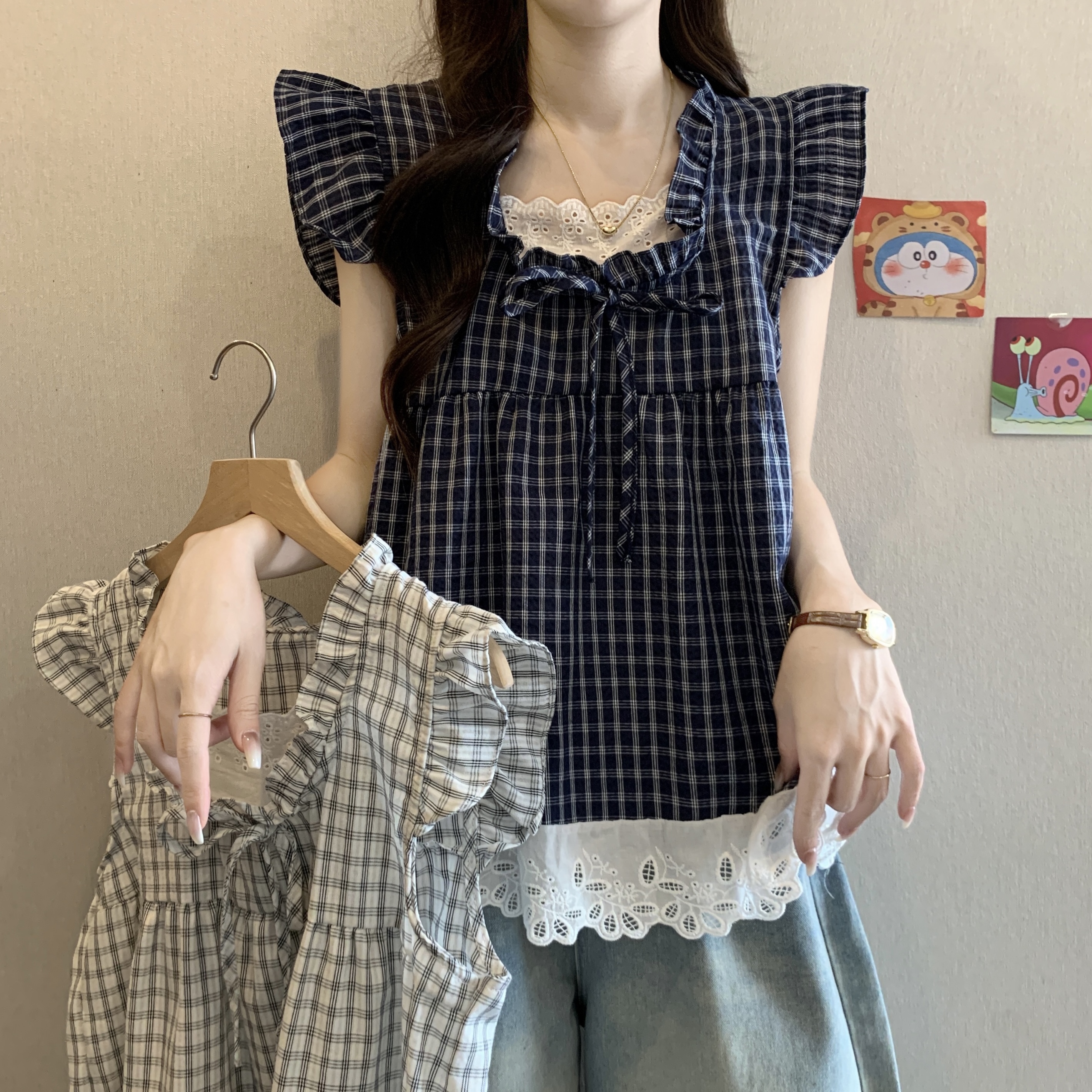 实拍小飞袖格子短袖衬衫大码女夏季胖mm假两件蕾丝下摆娃娃衫上衣