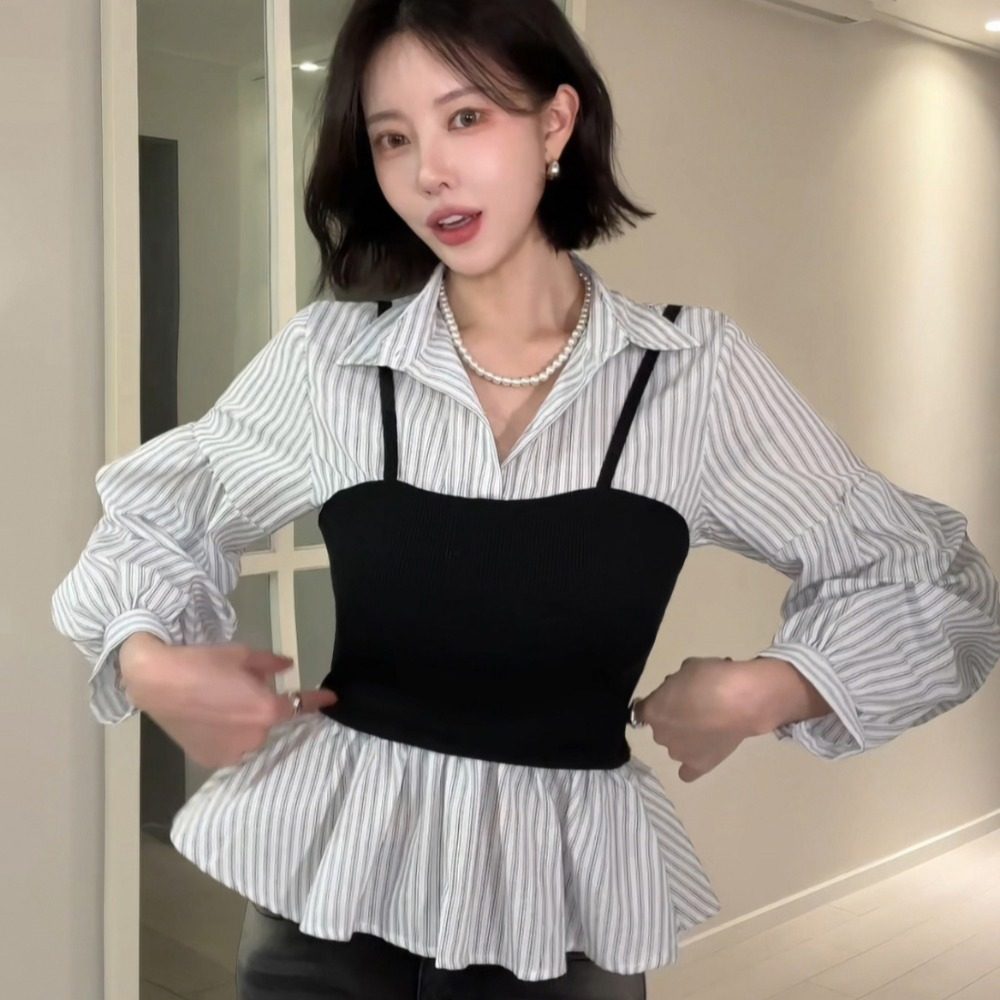 玖月春季韩系条纹收腰显瘦假两件拼接衬衫女堆堆袖设计感上衣,女装/女士精品,衬衫,淘宝优惠券,粉丝福利购,淘宝优惠卷