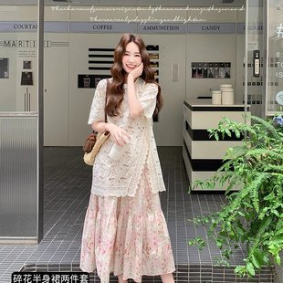 2025夏季 独特漂亮连衣裙女 穿搭镂空蕾丝上衣碎花半身裙套装 女法式