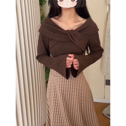 玖月法式温柔风格纹拼接一字肩气质连衣裙巨好看特别漂亮小裙