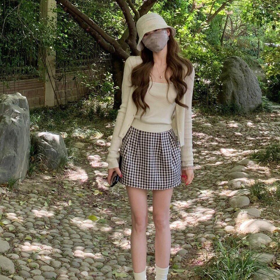 玖月盐系韩剧穿搭三件套装格子半身短裙连衣裙女小个子初