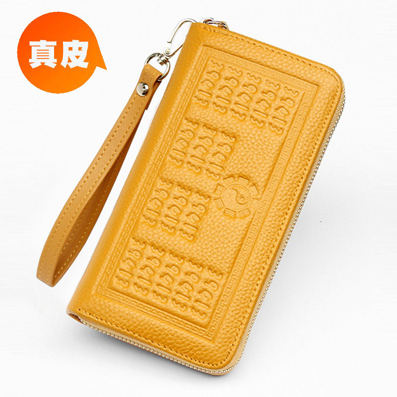 头层牛皮女士钱包真皮长款零钱卡包二合一男款大容量高级感招财黄