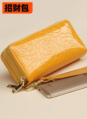 招财黄色手拿钱包女长款真皮双拉链女士手抓包大容量新款双层手包