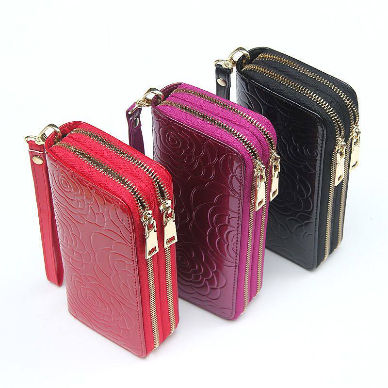 双拉链大容量钱包女士长款招财黄色手拿包可放手机钥匙真皮手机包