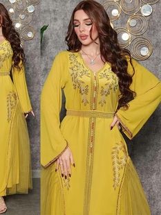 wish中东独立站镶钻钉珠礼服长裙欧美跨境速卖通民族风长袍连衣裙