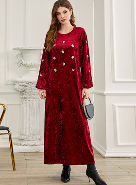 阿拉伯中东迪拜暗红色丝绒长裙花儿朵朵水钻天鹅绒连衣裙年会礼服