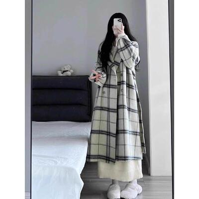高级感格子冬呢RRH大衣毛女版中长2025新款韩系秋小个子宽松呢子