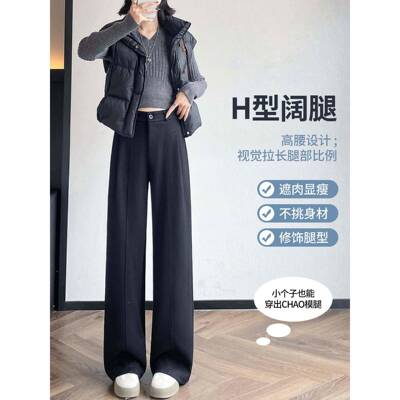 米白色羊老毛阔腿裤秋冬2025款加绒钱风TZY新休闲毛绒西装弯刀女