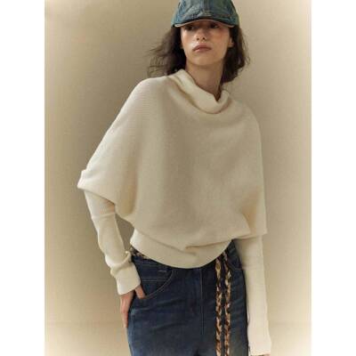 艺式色蝙白蝠袖堆堆UHG领毛衣女秋冬季设计感术收腰法显瘦套头针