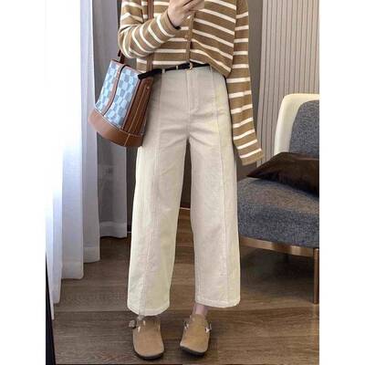 小个子灯芯HIH绒休闲裤子筒女秋加绒梨形材宽身松显瘦高腰九分冬