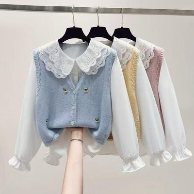 2025秋季套装新款学院风两件套小清新娃娃领衬衫针织马甲两件套