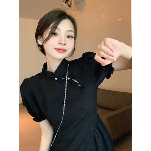 旗袍裙女复古高腰立领短袖 改良短款 连衣裙 新中式 提花面料加拉链