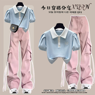 学生休闲Polo领泡泡短袖 少女夏装 T恤 高腰工装 学院风时尚 裤 套装