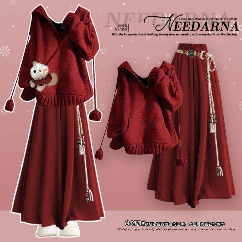 江浙沪富家千金miu系穿搭红色针织连衣裙子巨好看的冬装毛衣长裙