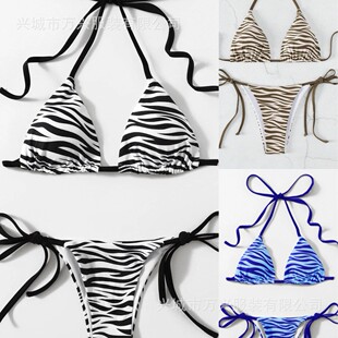 2025新款 欧美性感露背分体比基尼泳衣 亚马逊系带条纹沙滩泳装
