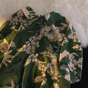 小众高级感宽松百搭短袖 薄款 衬女夏季 港风复古夏威夷绿色花衫