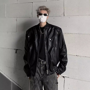 高级感痞帅飞行员工装 美式 新款 黑色高街pu皮衣外套男2024秋季