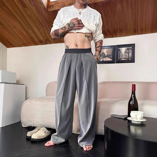 男宽松西裤 灰色阔腿裤 男高腰垂感宽松虾线单褶撞色松紧腰休闲裤