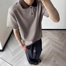 棕色拼接千鸟格polo衫夏季衣服美式cleanfit老钱风穿搭短袖T恤男