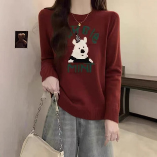 大码 软糯针织上衣 女装 小熊印花圆领提花毛衣胖mm冬季