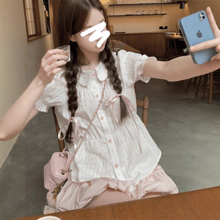 娃娃领上衣裤 甜美泡泡袖 夏季 粉色波点印花2025新款 裙两件套 衬衫