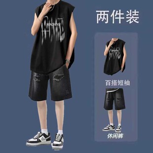 t恤男装 痞帅两件套装 夏季 薄款 坎肩休闲运动搭配牛仔短裤 背心无袖
