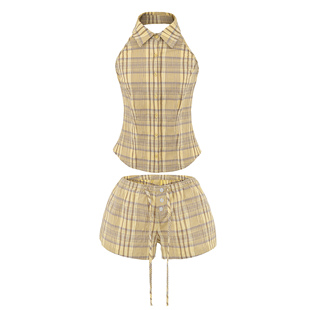 衬衫 复古格子性感露背无袖 松紧腰短裤 时尚 女 核桃家 两件套装 美式