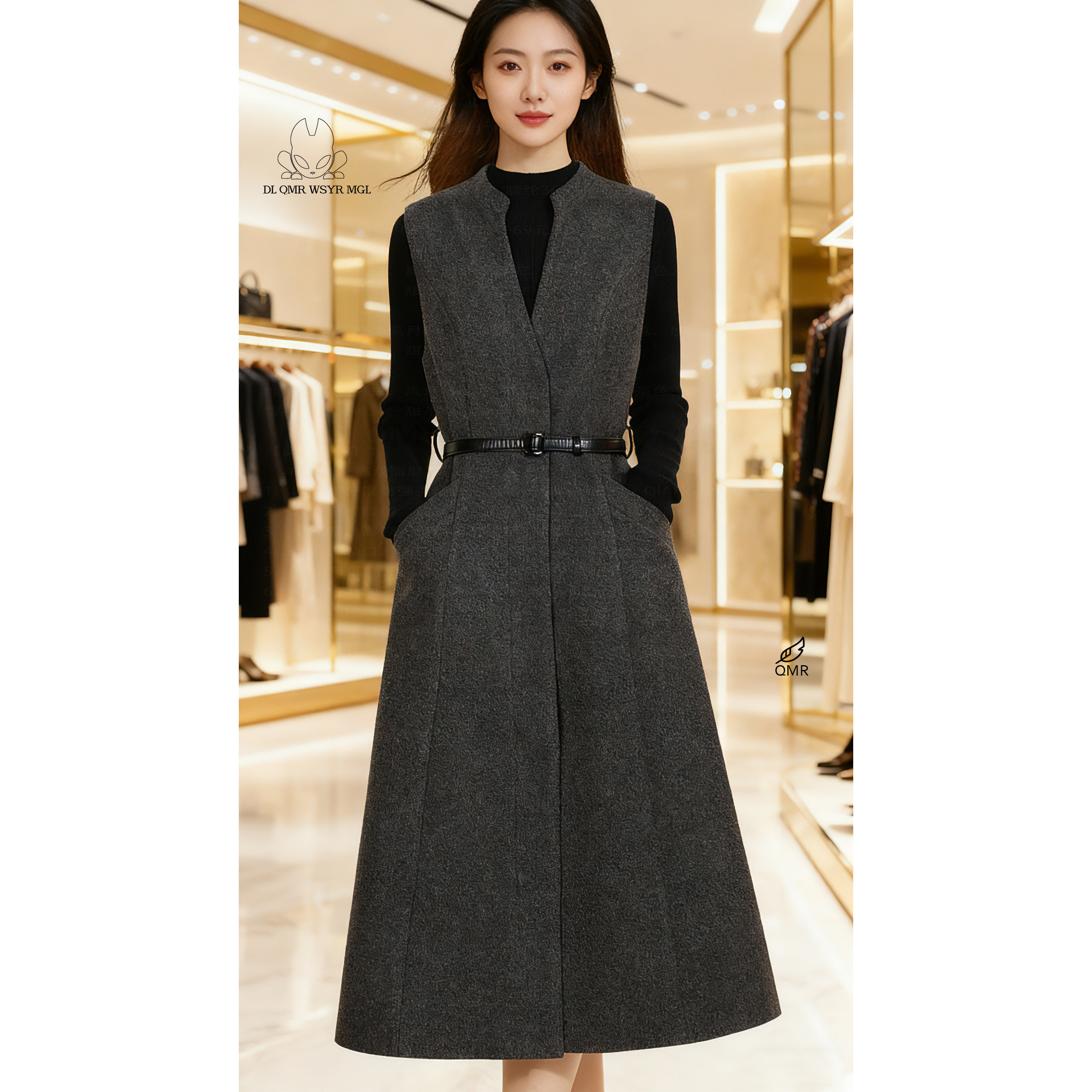 「秋冬必备」 1130秋冬季无袖长款毛呢马甲连衣裙垂感搭配外套